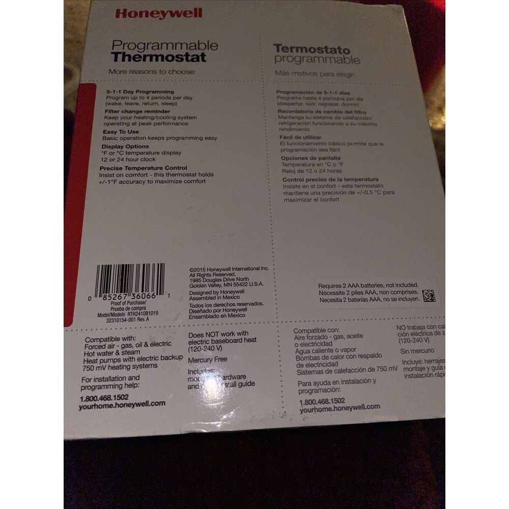 New In Package Honeywell Home RTH2410B 5-1-1 Day Programmable Thermostat - Picture 2 of 4